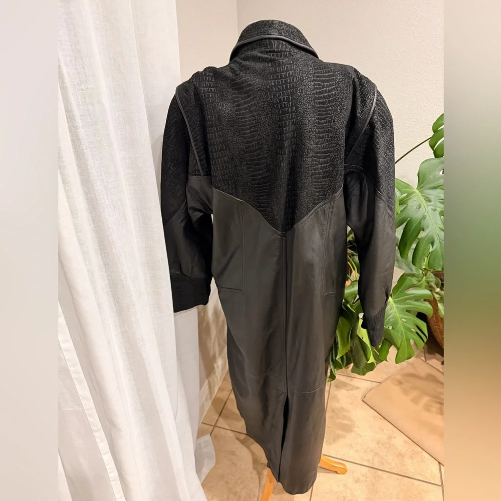 Vintage‎ Black Leather Long Coat Textured Shawl Collar 1X